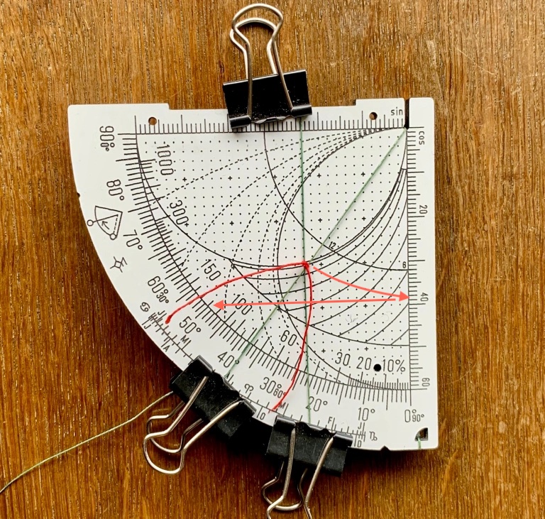arccos(sin(23,44°)/sin(38°)) = 50°