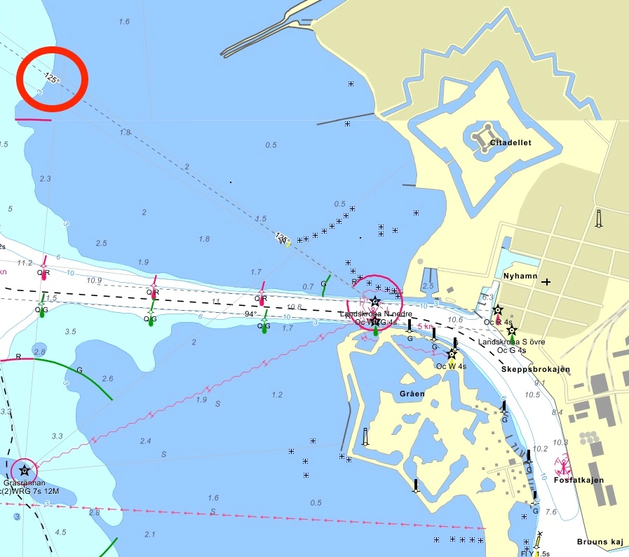 Abbildung 5. Seekarte mit Leitlichtern, die 125° anzeigen.