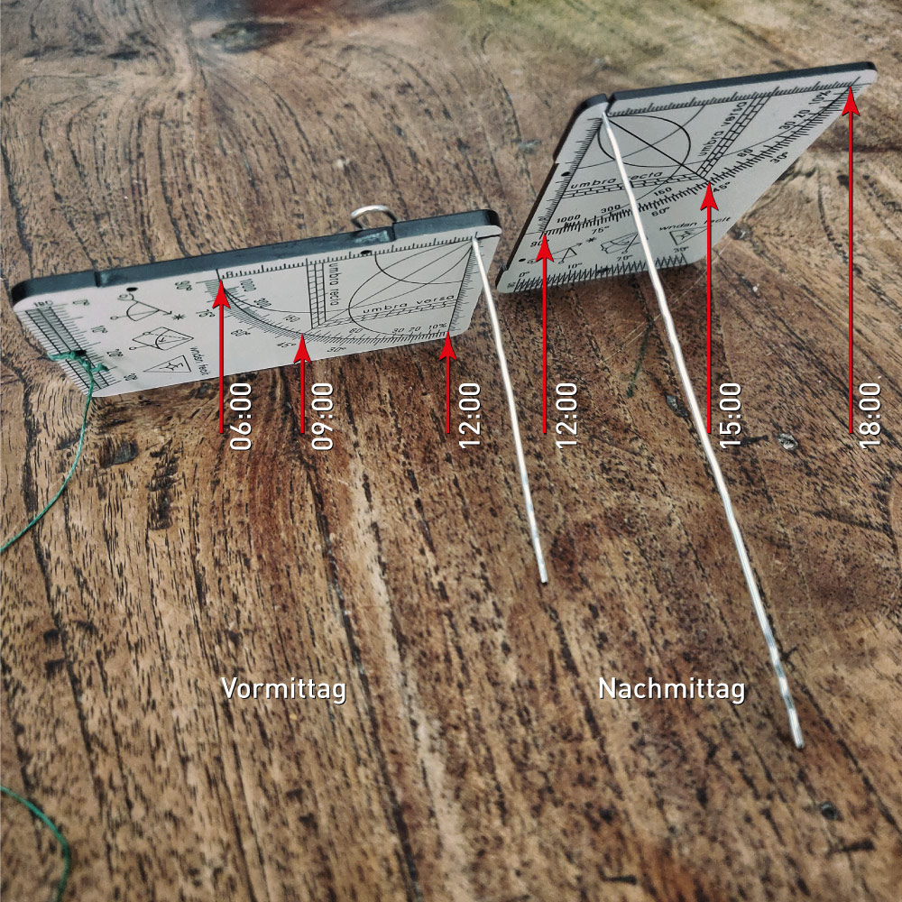 Der Wndsn Quadrant-Telemeter als Äquatorialsonnenuhr für Vor- und Nachmittag.
